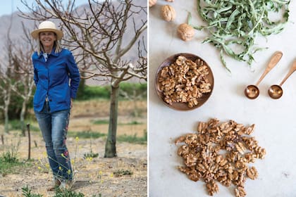 Adriana Barreda, emprendedora incansable, está al frente de su plantación de nogales para aceite, que se complementa con los cultivos de cedrón y romero y el BB (izquierda).Nueces y cedrón, los dos productos fuertes de Santana (derecha).