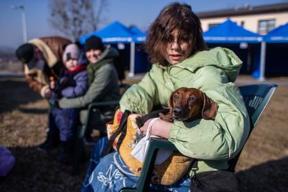 AÊgirl sostiene a su cachorro mientras espera junto a otros refugiados ucranianos ser llevados al Centro de Registro Humanitario en Frydek-Mistek, cerca de las fronteras polacas. República Checa