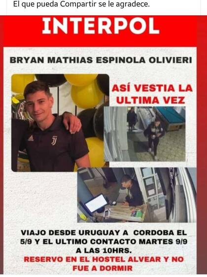 Afiche de Interpol con los datos de la búsqueda de Bryan Mathías Espínola Olivieri, un joven uruguayo desaparecido en Córdoba