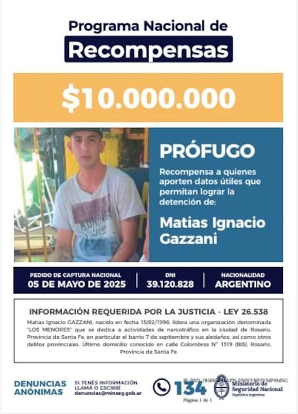 Afiche de la recompensa ofrecida por el Gobierno para atrapar a Matías Gazzani, líder de Los Menores