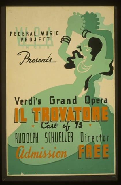 Afiches de distintas representaciones de las óperas de Wagner y de Verdi