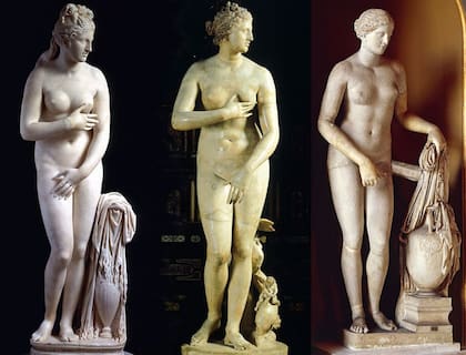 Afrodita Cnedia inspiró a generaciones de artistas de todo el mundo antiguo a hacer copias, como -de izquierda a derecha- la Venus Capitolina (II o III a.C.), Venus de Medici (I a.C.) y Colonna Venus.
