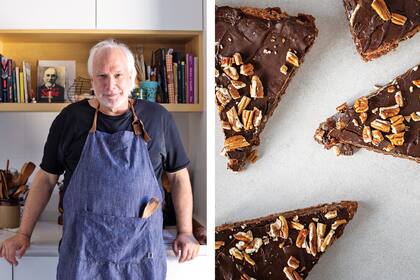 Miguel Wahren nos contó de dónde surgen sus recetas. "Hay mucho de mi abuela sueca, de mi madre polaca y de Yolanda, que trabajó años en casa; yo me quedaba al lado de ellas y así fui aprendiendo". A la derecha, la torta Tres discos, también conocida como Crocante, generadora de pasiones