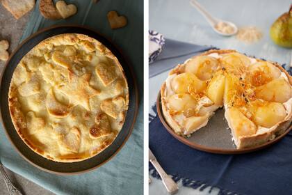 Tarta de manzanas super frescas. A la derecha, una de las más pedidas por sabor y presentación: ‘Tres fragmentos en forma de pera’ toma su nombre de la pieza de Satie para su amigo Debussy, que le sugirió hacer composiciones “con más forma”