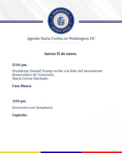 Agenda política de Corina Machado en Washington para este jueves 15 de enero