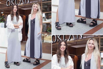 Agustina Córdova y Soledad Fandiño, con looks calcados en el local de Oklan: vestidos largos de algodón y sandalias negras con plataforma 
