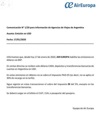 Air Europa fue la primera aerolínea en comunicar que habilitaba el mecanismo de emisión en dólares