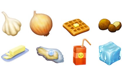 Ajo, cebolla, waffles, falafel, manteca, ostra, cajita de jugo y hielo