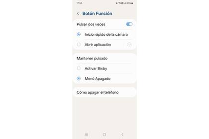 Ajustes> Funciones avanzadas> Botón función. Aquí podés configurar un doble clic en el botón de encendido para iniciar la cámara o arrancar una app