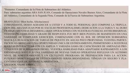 Al abandonar Norfolk, el “San Juan” recibió un importante mensaje del vicealmirante norteamericano Vadm Emery