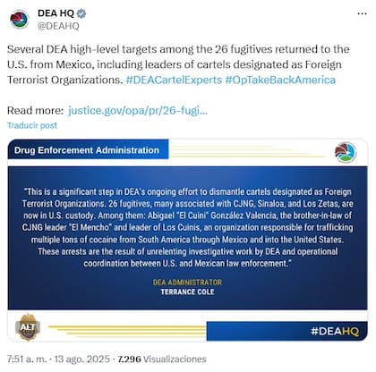 Al anunciar las extradiciones en redes sociales, la DEA destacó la llegada de "El Cuini" a EE.UU. (X/@DEAHQ)