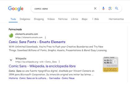 Al buscar "Comic Sans", el buscador cambia su tipografía