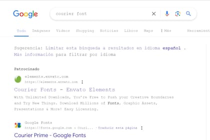 Al buscar "Courier font", el buscador cambia su tipografía