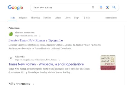 Al buscar "Times New Roman", el buscador cambia su tipografía