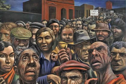 Al fondo, en el cuadro de Berni "Manifestación" se aprecia el edificio Refinería, y el mismo estilo de viviendas de la zona rosarina