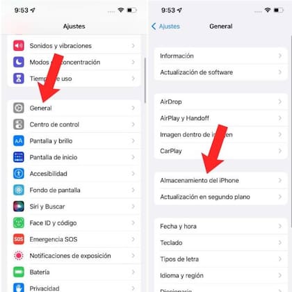 Al igual que en el sistema Android, en iOS también se debe buscar el ítem "Almacenamiento"