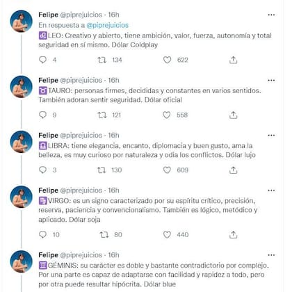 Al menos hay 12 tipos de dólares hoy en la Argentina y eso fue aprovechado por el tuitero Felipe para armar su horóscopo relacionado al billete estadounidense