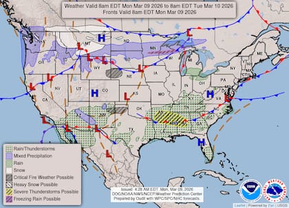 Al norte de un frente estacionario, el aire frío permitirá el desarrollo de nieve ligera a moderada y acumulación de hielo