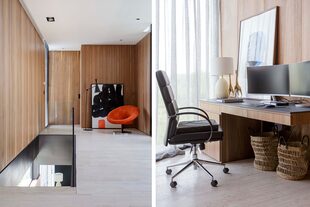 Al salir de la escalera, un rincón de lectura con sillón vintage italiano, cuadro de la colección de EstudioPet y lámpara ‘Dix’ de hierro negro mate. El estudio se equipó con un escritorio integrado a la pared (todo de EstudioPet).