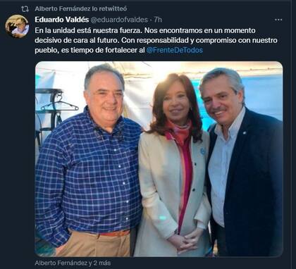Alberto Fernández retuiteó un mensaje de Eduardo Valdés que llama a la unidad.