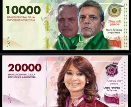Alberto y Massa en el billete de 10.000 y Cristina Kirchner en el de 20.000