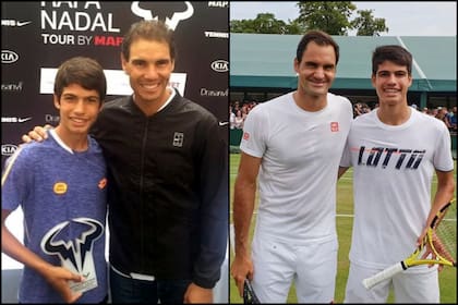 Alcaraz, en distintas etapas de su vida, con Nadal y Federer