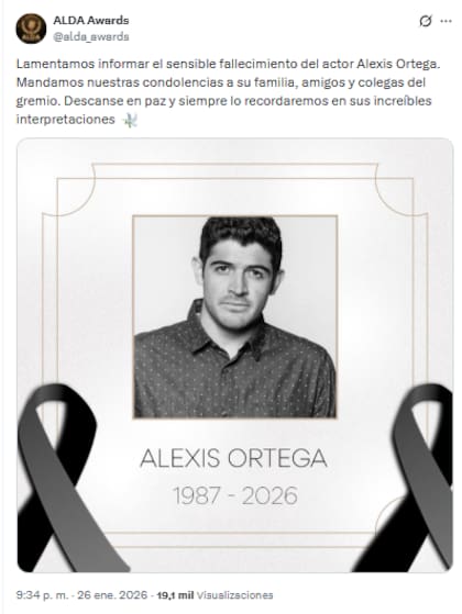 ALDA Awards comunicó la noticia sobre la muerte de Alexis Ortega