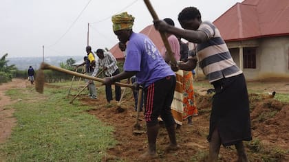 Aldeanos trabajan sobre un drenaje de Mbyo, donde genocidas y víctimas viven lado a lado