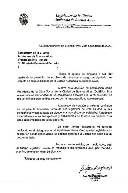 .Alejandro Amor renunció ayer por carta a la Legislatura: dice que su cargo en Obsba le requerirá tiempo completo