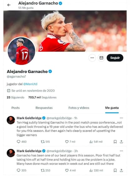Alejandro Garnacho . Los likes del argentino a un usuario de Twitter que criticaba a Erik Ten Hag, DT del Manchester United