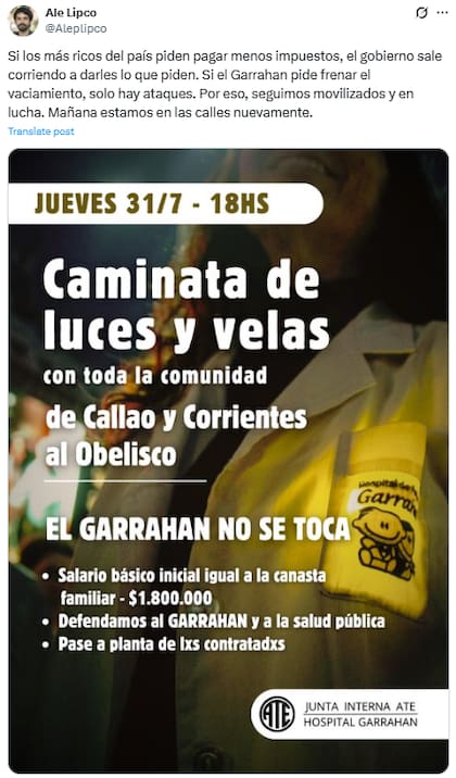 Alejandro Lipcovich convocó a una movilización por el Garrahan (X: @Aleplipco)