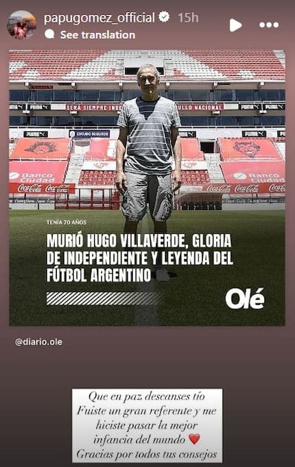 Alejandro "Papu" Gómez despidió a Hugo Villaverde, gloria de Independiente que falleció a los 70 años