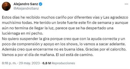 Alejandro Sanz exteriorizó sus sentimientos mediante su cuenta de Twitter