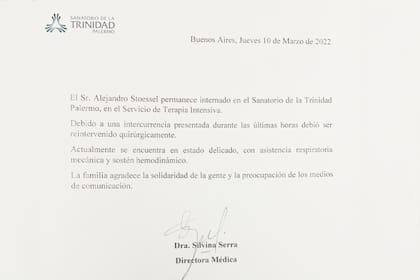 Alejandro Stoessel, parte médico