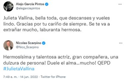 Alejo García Pintos y Nicolás Scarpino también le dijeron adiós a Julieta Vallina (Foto: Twitter @alegarciapintos / @Nico_Scarpino)