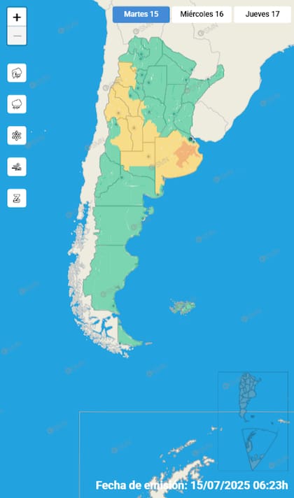 Alerta amarilla y naranja por tormentas en el centro - este del país este martes 15 de julio