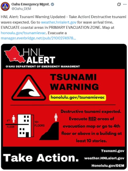 Alerta de tsunami en Hawái tras el terremoto en Rusia (X: @Oahu_DEM)