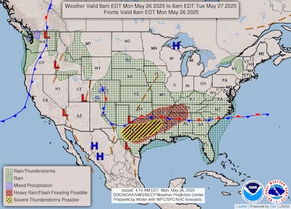 Alerta en Texas y Mississippi: SPC prevé superceldas con granizo del tamaño de pelotas de golf este lunes