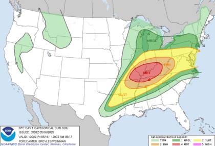 Alerta máxima en el Valle del Ohio: SPC prevé tornados de largo recorrido y granizo gigante en Kentucky y Tennessee este viernes