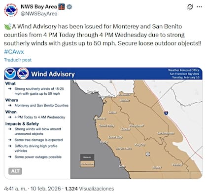 Alerta por fuertes vientos del sur esta tarde hasta la mañana del miércoles