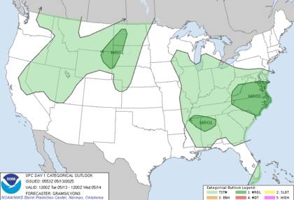 Alerta por tormentas severas. Tres regiones en riesgo: Carolinas, sur centro y Dakotas con posibilidad de granizo y vientos dañinos