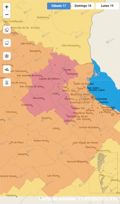 Alerta roja, naranja y amarilla en el norte de la provincia de Buenos Aires.