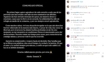 Aleska Génesis compartió un mensaje en redes sociales luego de quedar en libertad condicional