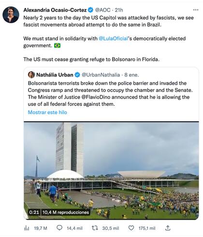 Alexandria Ocasio-Cortez compara la situación en Brasil con Estados Unidos