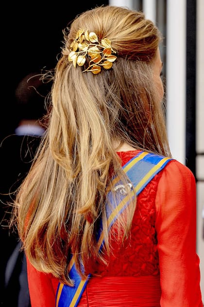 Alexia llevó su melena semirecogida con un broche de hojas doradas.