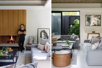 Alfombra de pelo cortado y sombrero de lana suela (Caucus). Potus en maceta cerámica (Pasionarias del Bajo). La foto blanca y negra es un retrato de Raquel Naka, madre de César, y las esculturas de ladrillo Retak son obra del multidisciplinario dueño de casa.