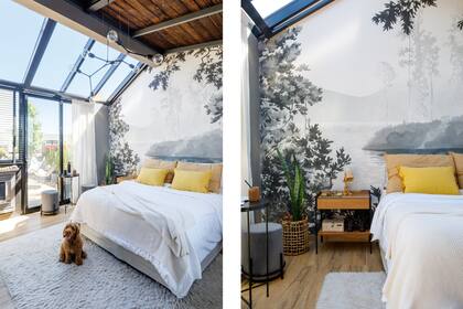 Alfombra (El Espartano), mesita (Iron Home) con banquetas de pana (Landmark). Mural (Mercedes Costal), almohadones grandes (Josephine Deco) y chicos (Lote Propio). Lámpara de techo (Iluminación Online).