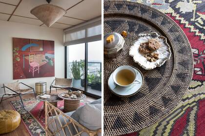 Alfombra (Reina) y sillón de caña (Puerto de Frutos, Tigre), poltronas ‘Forastero’ (Marini), farol de piso hecho a mano (Rosa Benedit) y colgante trenzado (Desde Asia). Óleo de Juan Pablo Renzi.