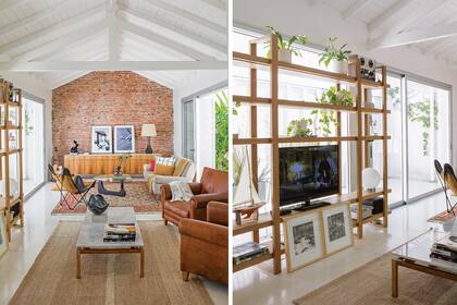 Alfombra tostada (Seara). Esculturas de bronce (Elisa Bunge). Almohadones (Polina Deco). Florero de cristal (Tupé Home). Biblioteca de incienso con lustre Bona ‘Natural Mate’ (Estudio x4arq; ejecución, Carpintería Álvarez).