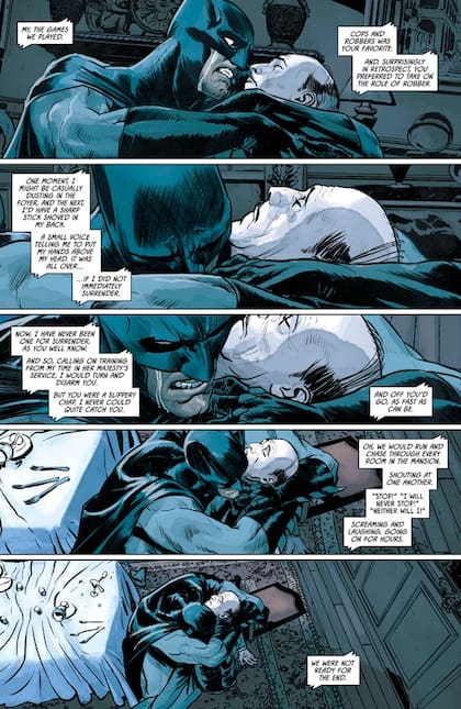 Batman llora junto al cadáver de su amigo. Guion de Tom King y dibujos de Mikel Janín.
